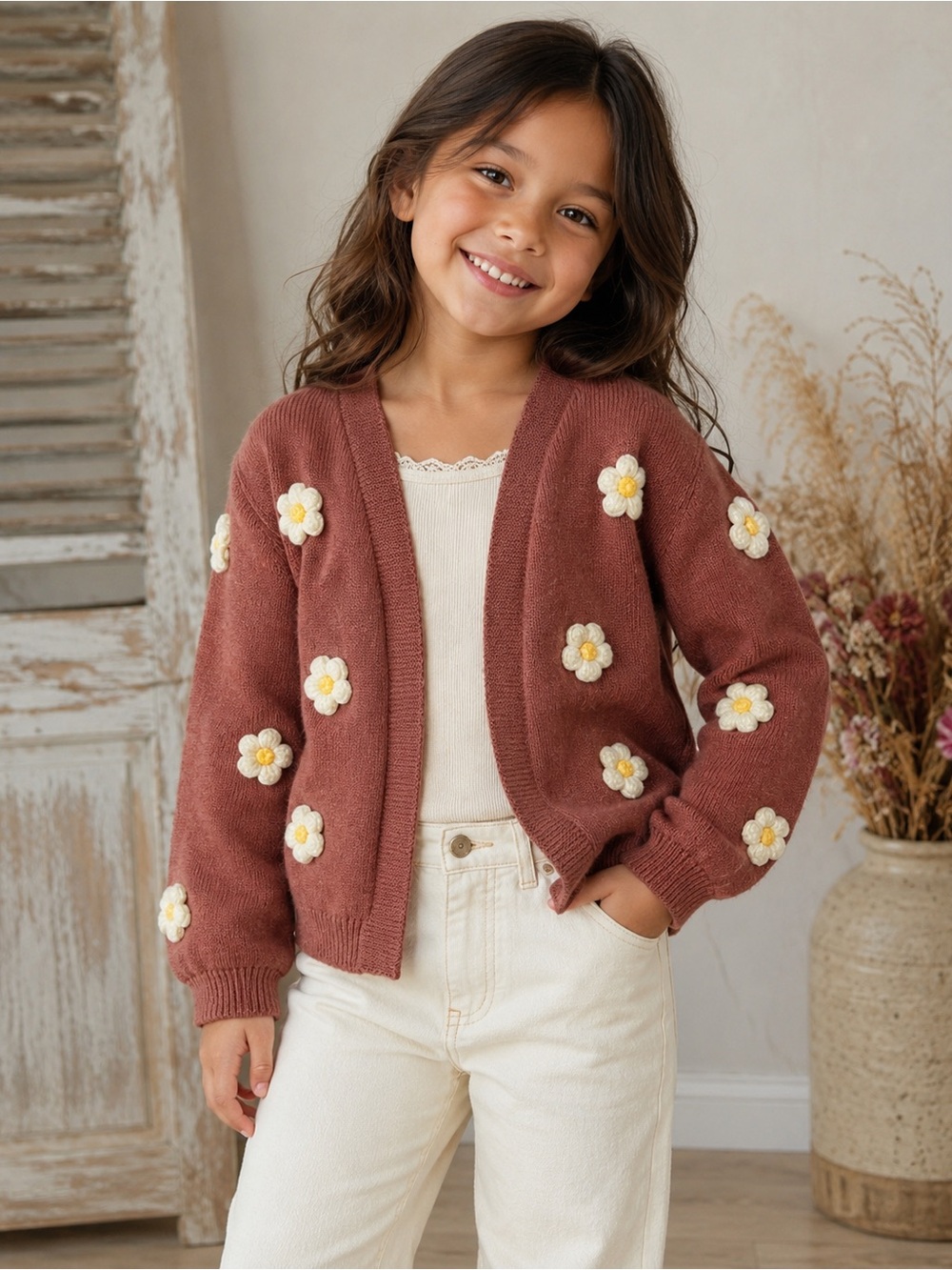Hazel Moon Girls Size 6X Daisy Appliqué Open Front Cardigan Cottagecore